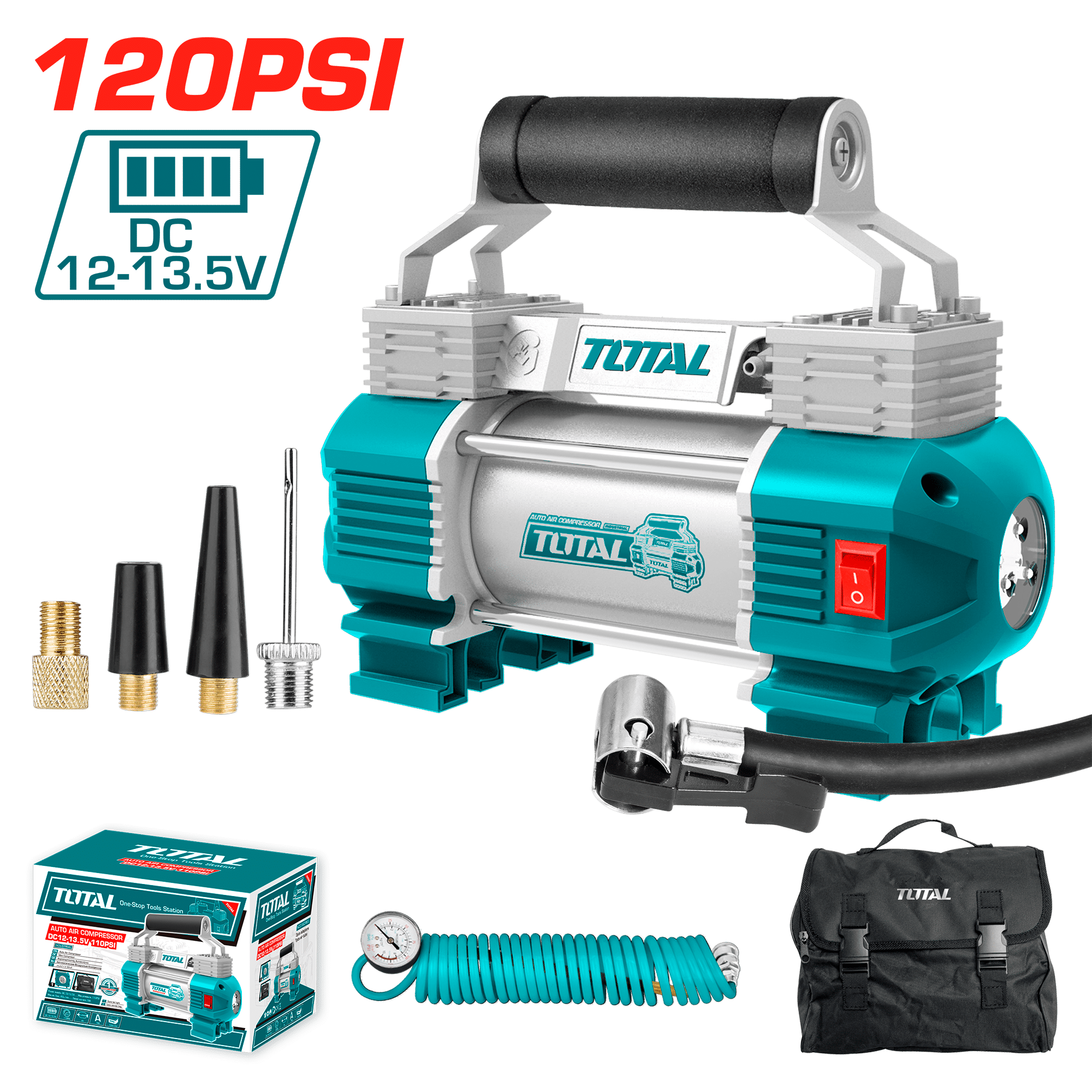 MINICOMPRESORA 12V 18A 120PSI CON LUZ + ACCESORIOS INDUSTRIAL