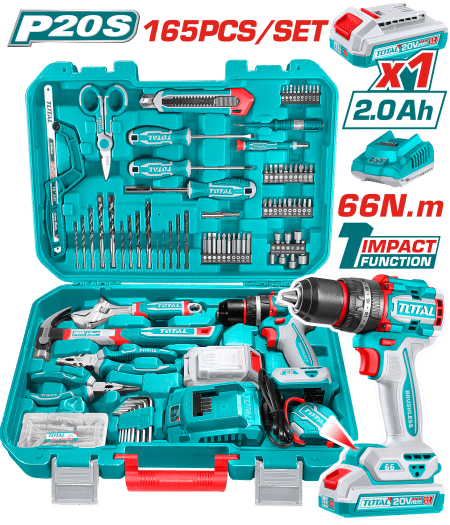 COMBO TALADRO PERCUTOR 20V + HERRAMIENTAS (165PCS) INC MALETIN INDUSTRIAL