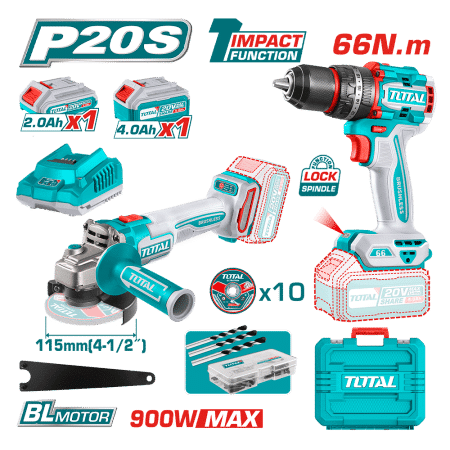 COMBO TALADRO 66NM + AMOLADORA 115M + ACCESORIOS 1X2.0AH + 1X4.0AH MALETIN INDUSTRIAL