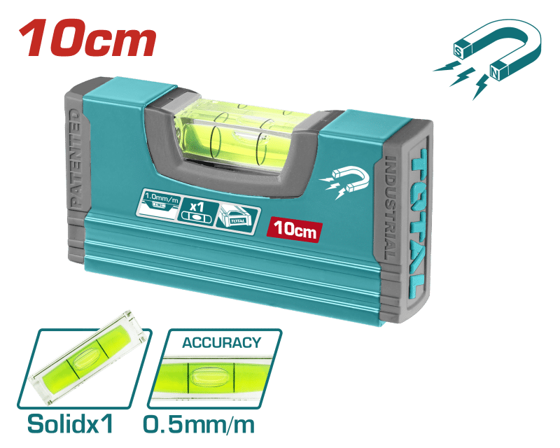 NIVEL BURBUJA DE MANO 10CM B:1 ALUMINIO 1.5MM PRES:0.5MM MAGNETICO INDUSTRIAL