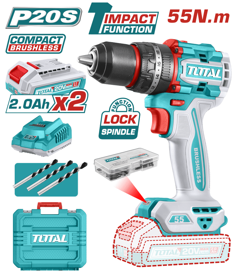 TALADRO PERCUTOR COMPACTO LI-ION 20V 55NM 13MM BRUSHLESS INDUSTRIAL