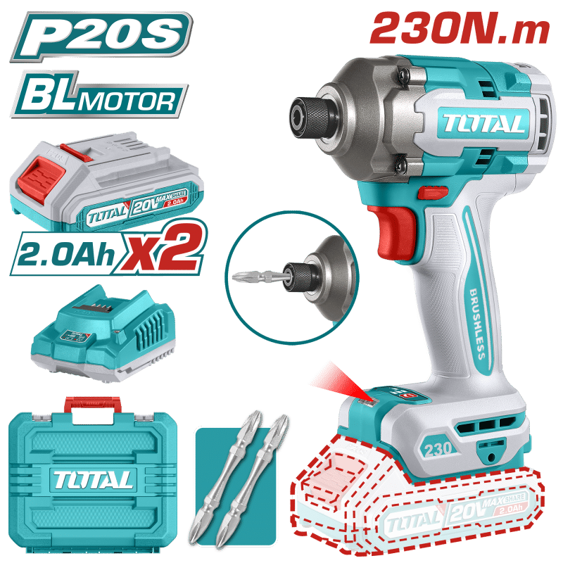 ATORNILLADOR IMPACTO 20V HEX:6.35 230NM 2X2.0AH 0-2900BPM BRUSHLESS  MALETIN INDUSTRIAL