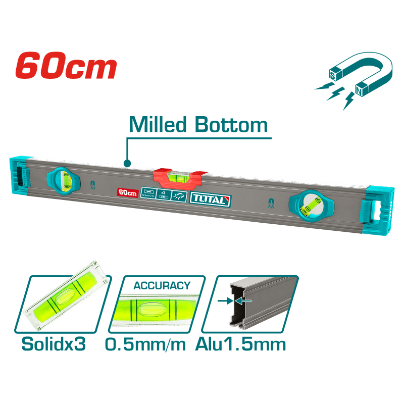 NIVEL BURBUJA 60CM B:3 ALUMINIO 1.5MM PRES:0.5MM SOCKET-V INDUSTRIAL