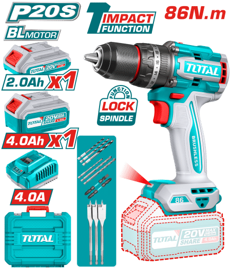TALADRO PERCUTOR LI-ION 20V 86NM 13MM 2.AH + 4.0AH BRUSHLESS +ACC MALETIN INDUSTRIAL