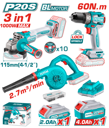 COMBO TALADRO 60NM + AMOLADORA 1000W + SOPLADORA 1X2.0AH + 1X4.0AH + ACC INDUSTRIAL