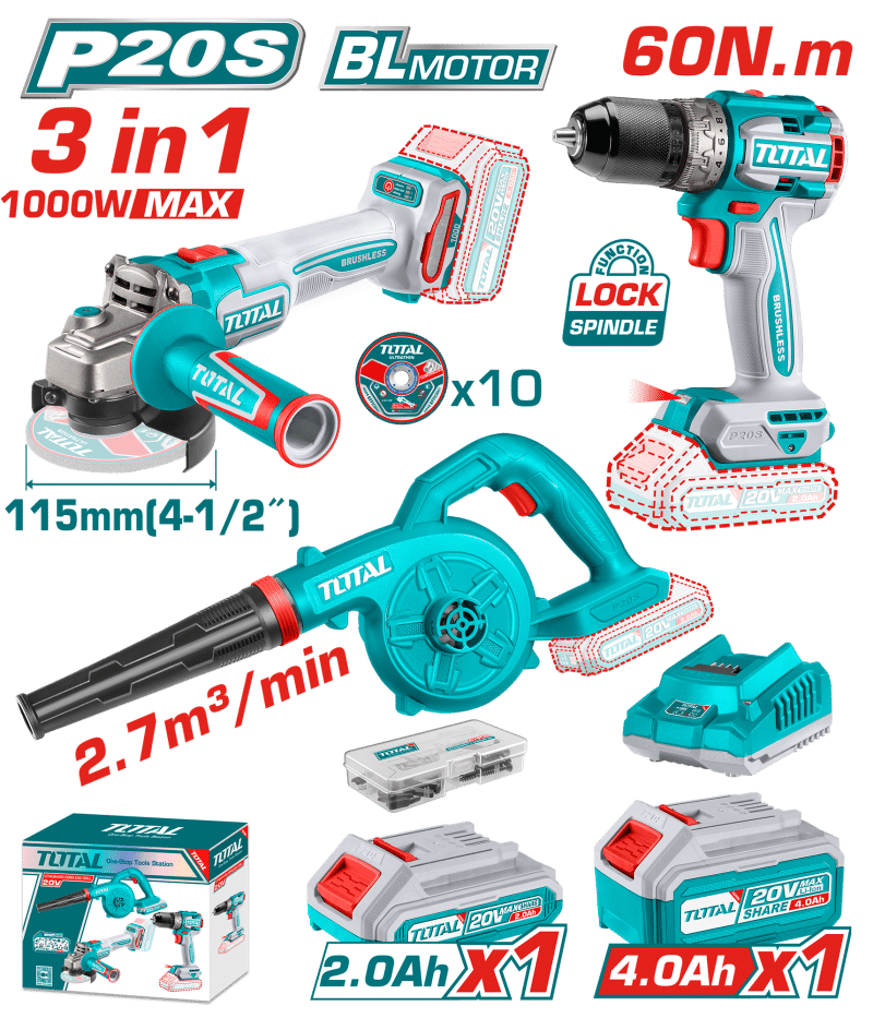 COMBO TALADRO 60NM + AMOLADORA 1000W + SOPLADORA 1X2.0AH + 1X4.0AH + ACC INDUSTRIAL