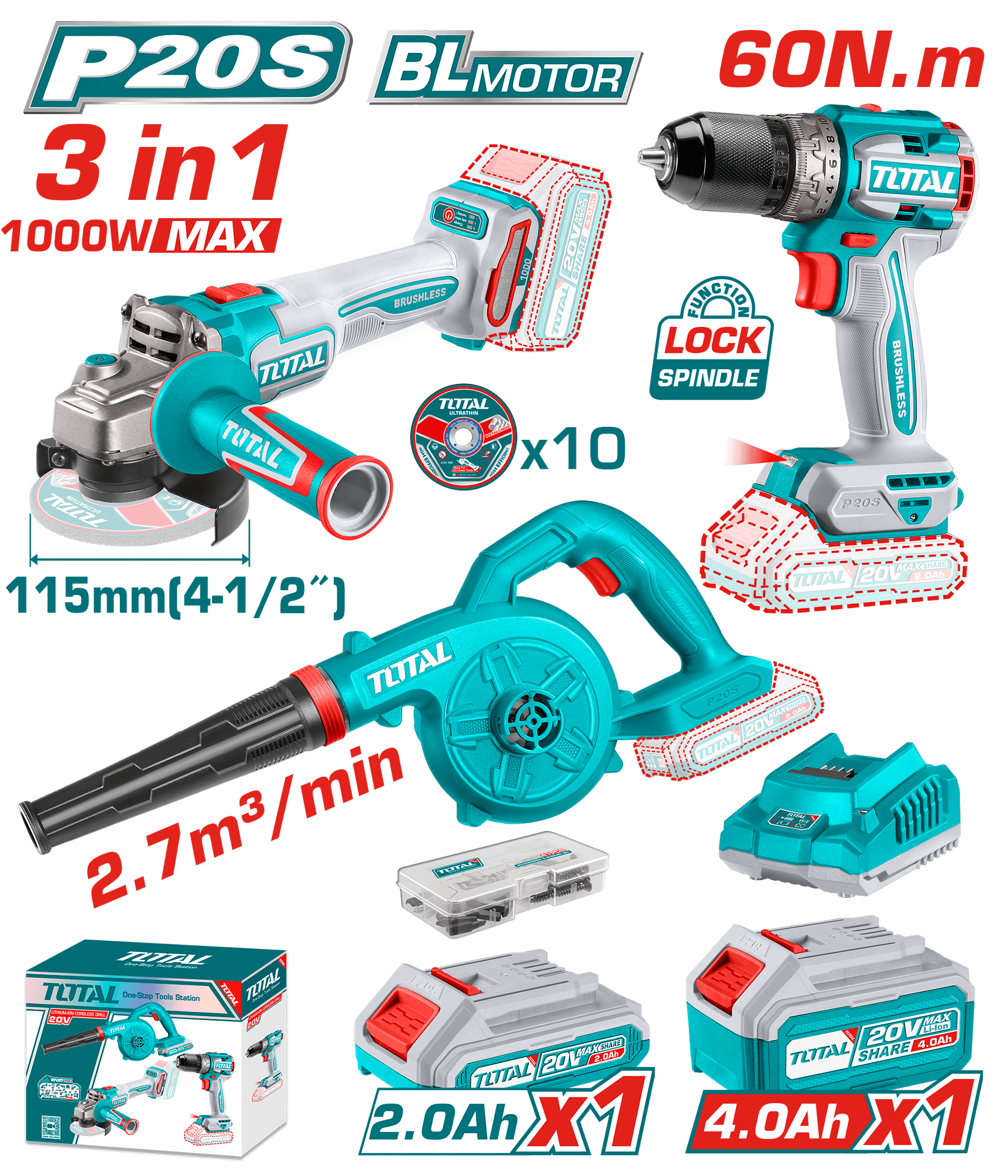 COMBO TALADRO 60NM + AMOLADORA 1000W + SOPLADORA 1X2.0AH + 1X4.0AH + ACC INDUSTRIAL
