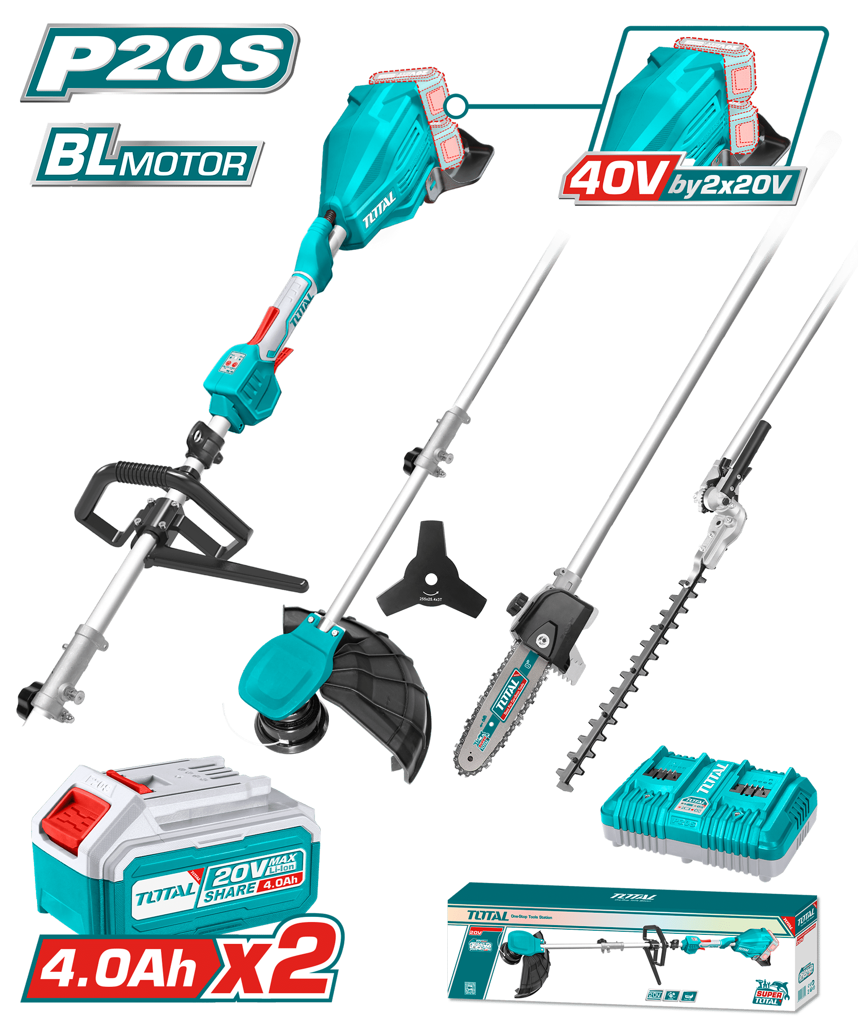 SET CORTASETOS + GUADAÑA + EXTENSIONES 40V (20+20) BRUSHLESS 4 FUNCIONES EN 1 INDUSTRIAL