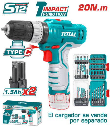 COMBO TALADRO TIPO C 20NM 2X1.5AH + SET BROCAS INDUSTRIAL