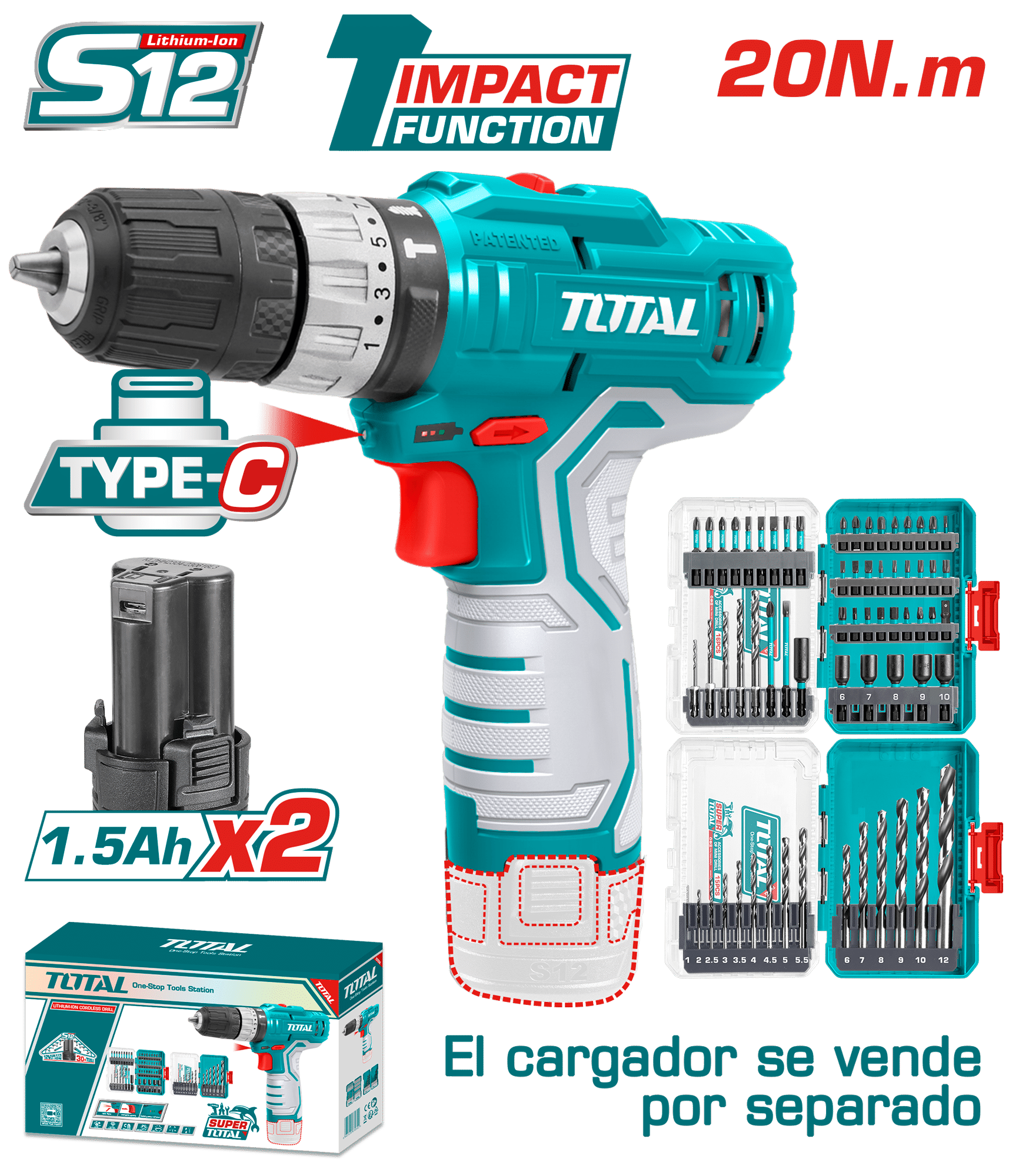 COMBO TALADRO TIPO C 20NM 2X1.5AH + SET BROCAS INDUSTRIAL