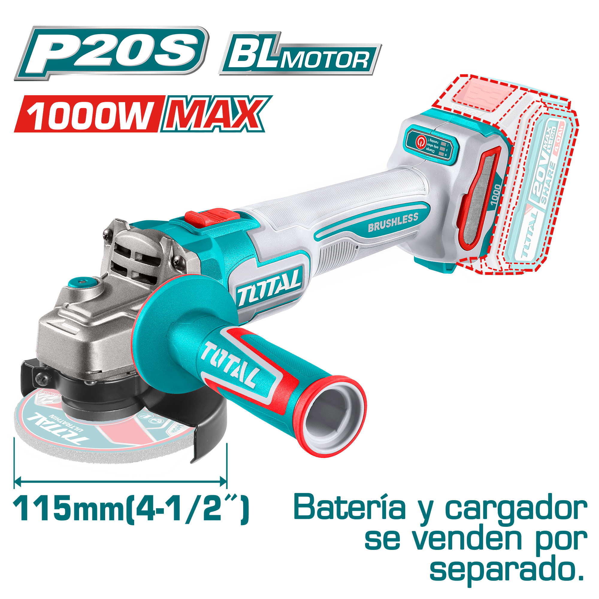 AMOLADORA 20V BRUSHLESS 3000-9000PRM 115MM M14 1000W/MAX INDUSTRIAL