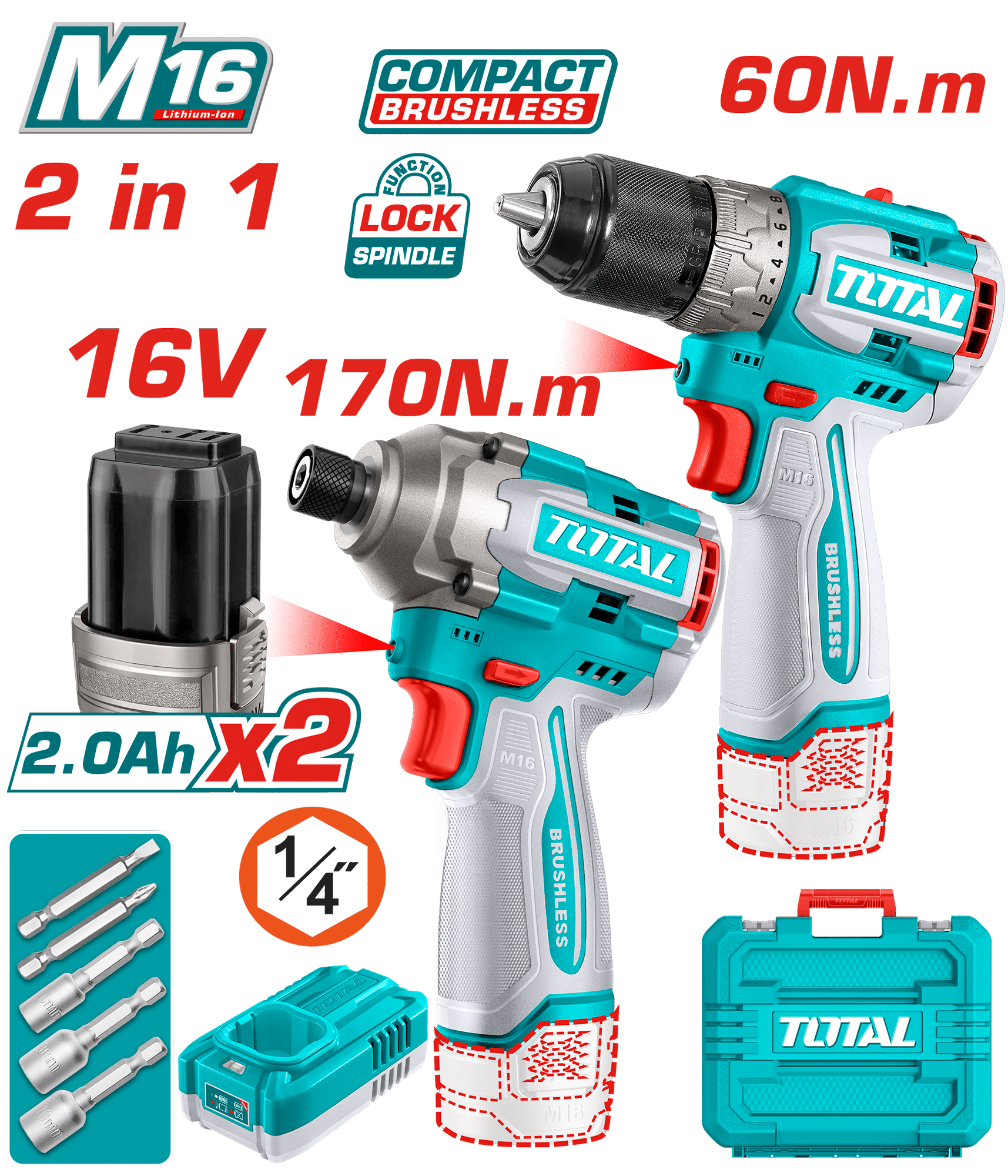 COMBO TALADRO 12V 60NM + DESTORNILLADOR IMPACTO 170NM 2X2.0AH + ACC + MALETIN INDUSTRIAL