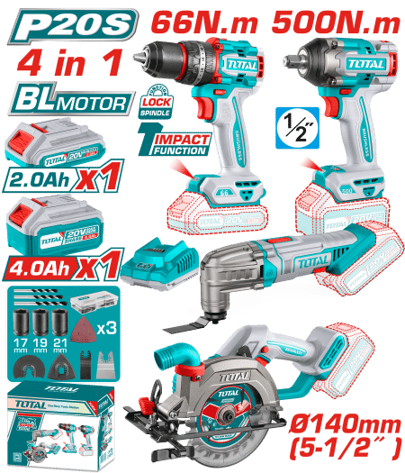COMBO 20V TALADRO + LLAVE IMPACTO + MULTI H. + SIERRA 1X2.0AH + 1X4.0AH INDUSTRIAL EDIC.LIMITADA