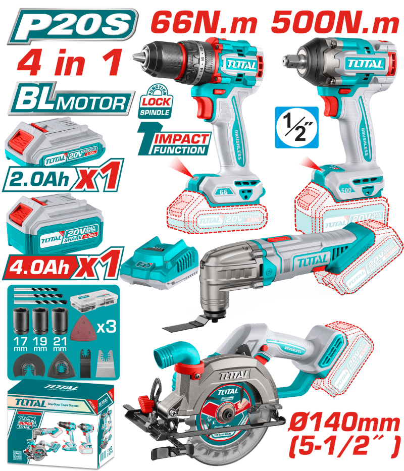 COMBO 20V TALADRO + LLAVE IMPACTO + MULTI H. + SIERRA 1X2.0AH + 1X4.0AH INDUSTRIAL EDIC.LIMITADA
