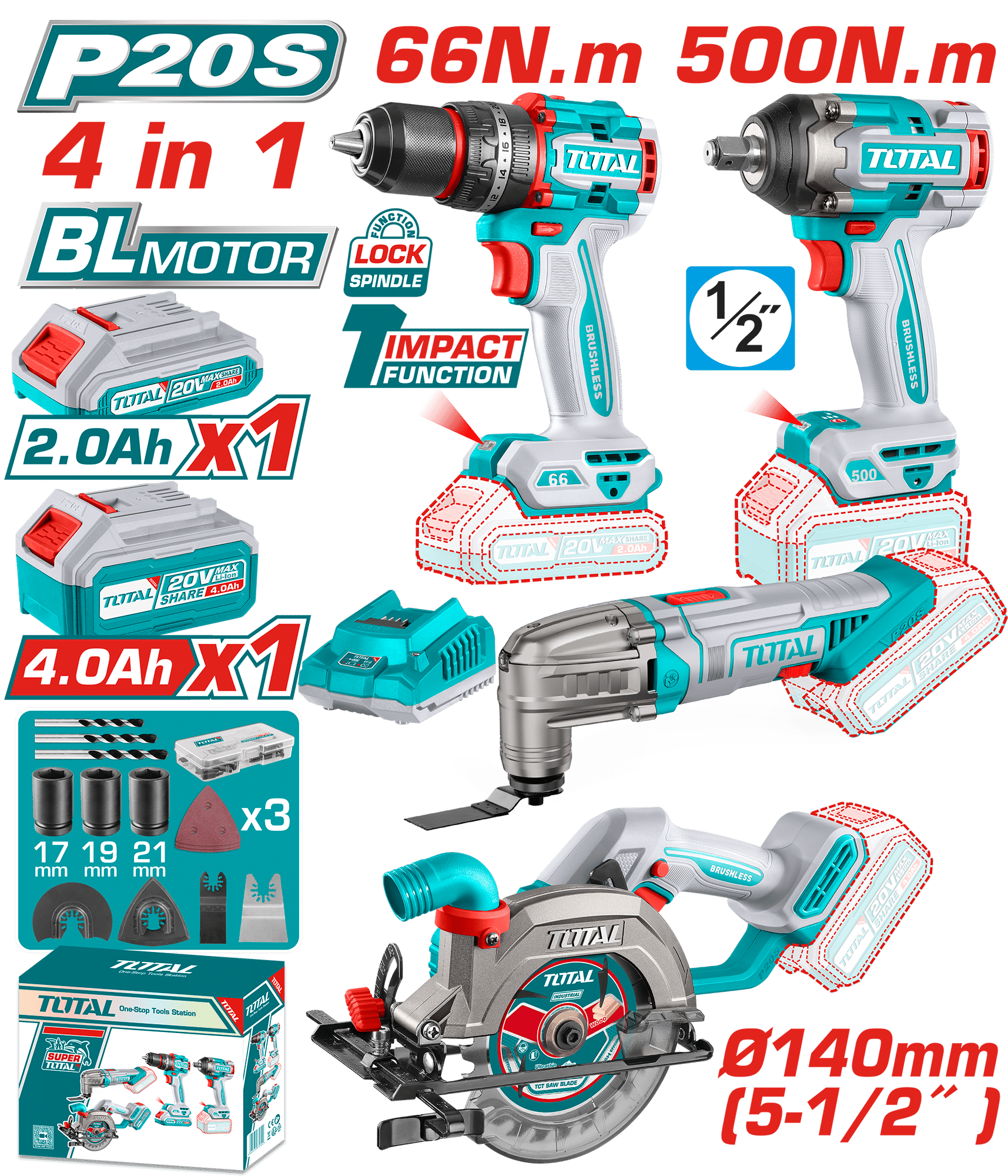 COMBO 20V TALADRO + LLAVE IMPACTO + MULTI H. + SIERRA 1X2.0AH + 1X4.0AH INDUSTRIAL EDIC.LIMITADA