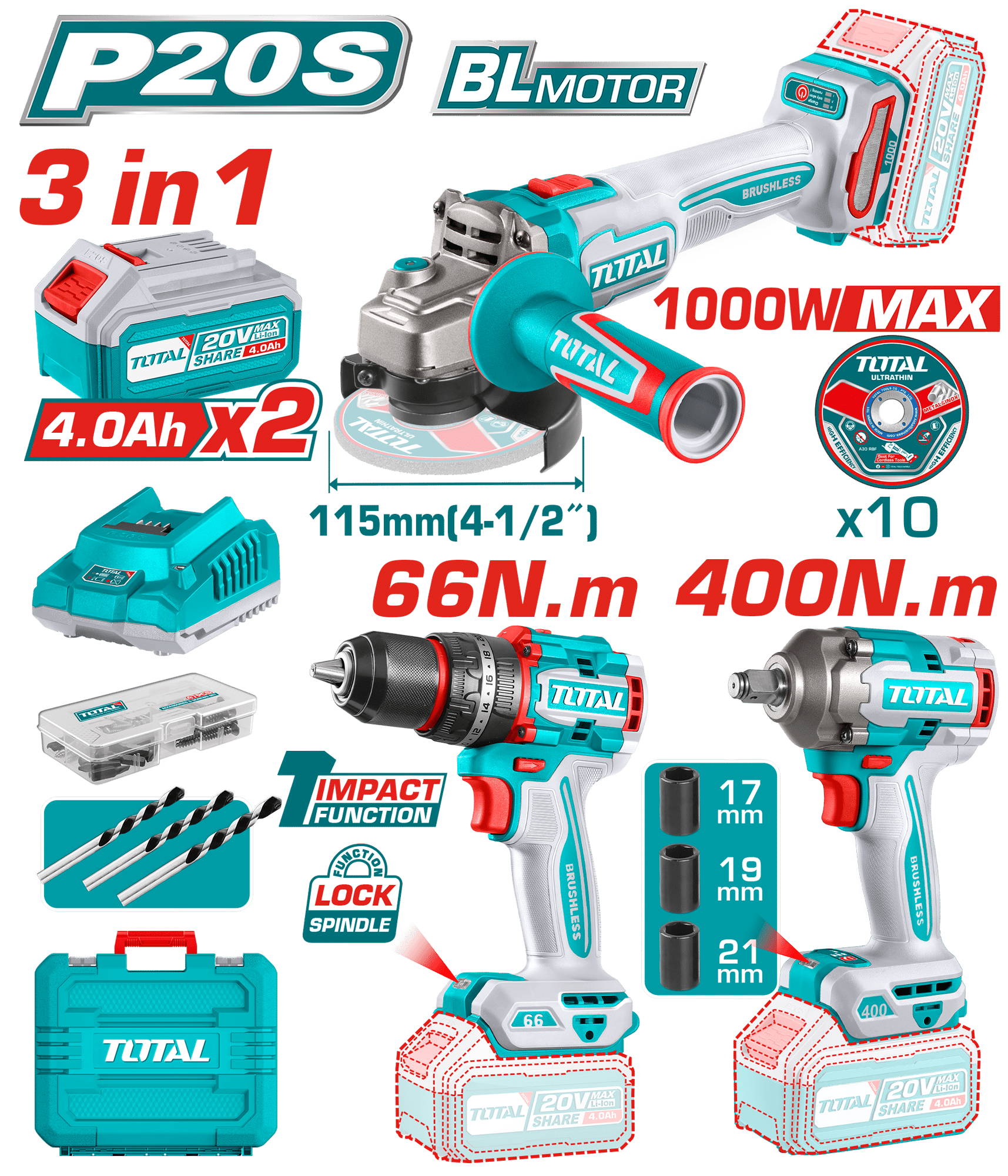 COMBO 20V AMOLADORA + TALADRO + LLAVE IMPACTO 2X4.0AH + MALETIN INDUSTRIAL EDIC.LIMITADA