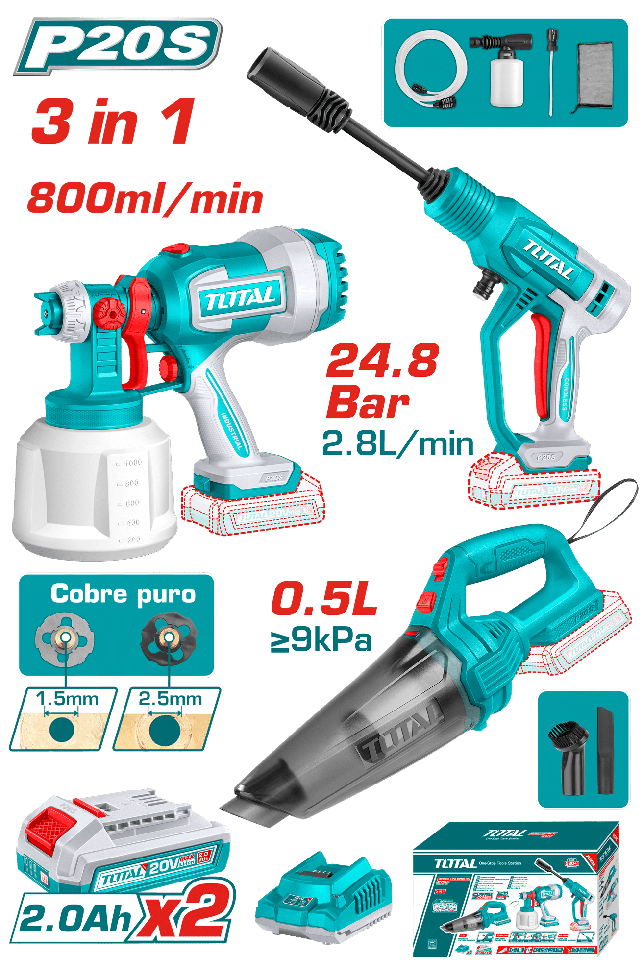 COMBO 20V PISTOLA PINTAR + LAVADORA + ASPIRADORA 2X2.0AH + ACC EDIC.LIMITADA