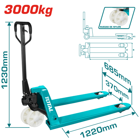 PALETA HIDRAULICA 3000KG 220X68.5X124CM RUEDA NYLON INDUSTRIAL