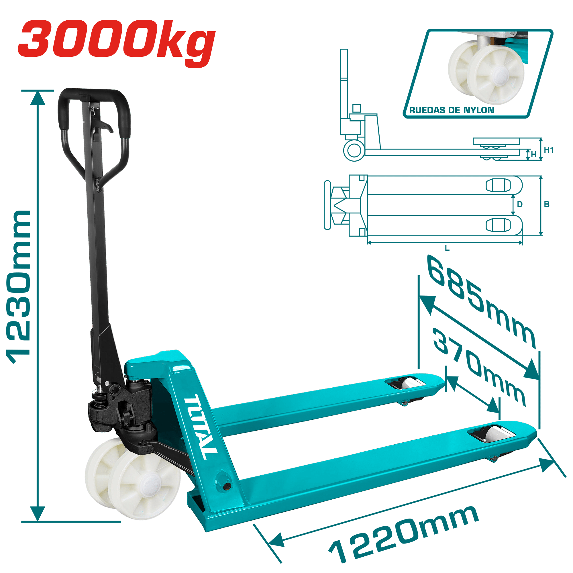 PALETA HIDRAULICA 3000KG 220X68.5X124CM RUEDA NYLON INDUSTRIAL
