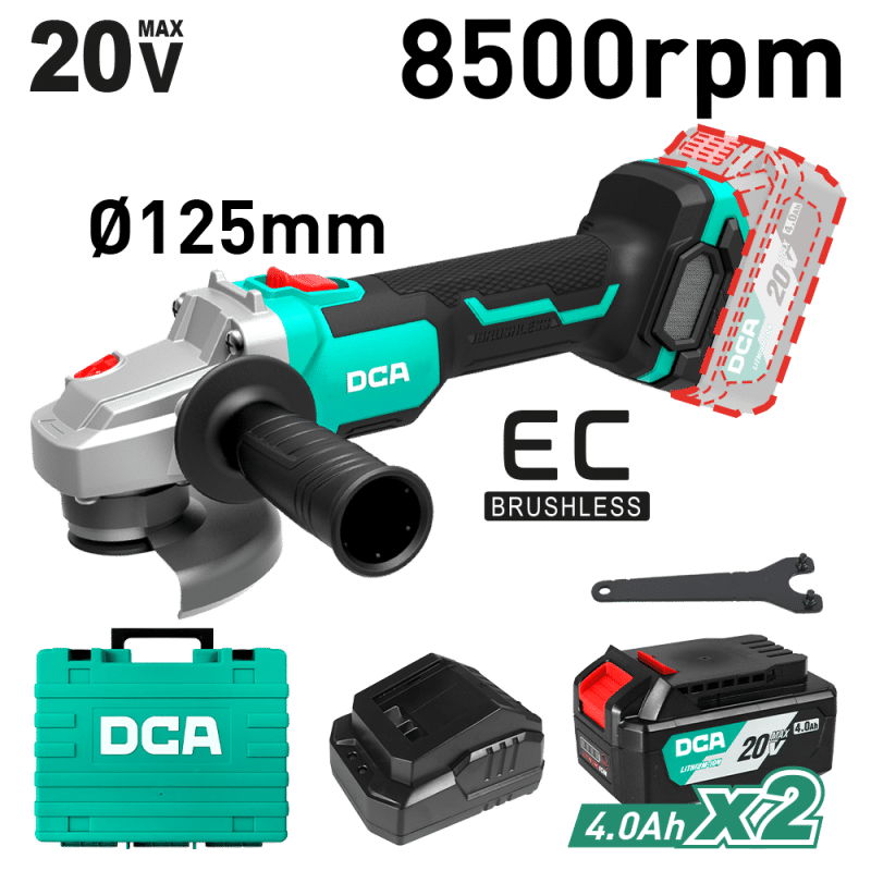 AMOLADORA 20V BRUSHLESS 125MM 5.0'' M14 8500/MIN 2X4.0AH MALETIN