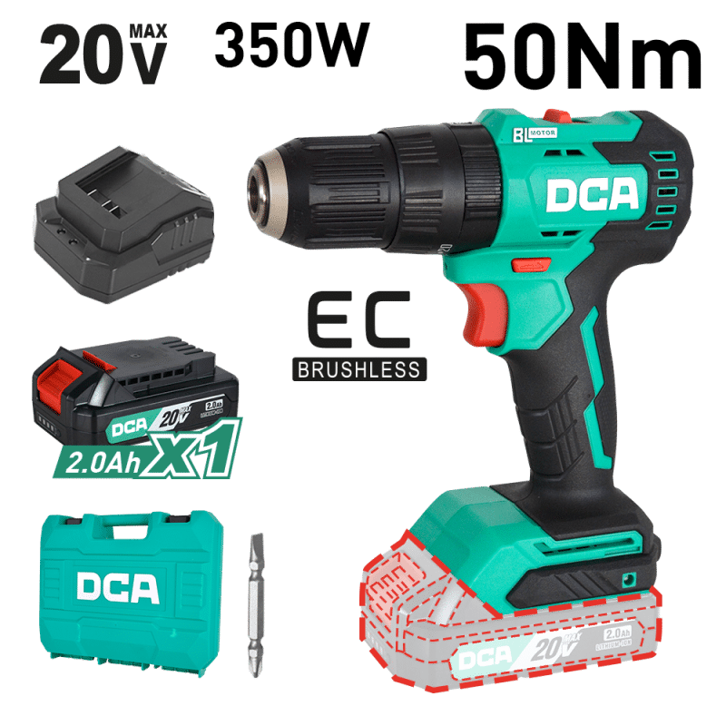 TALADRO PERCUTOR 20V BRUSHLESS 13MM 50N.M (20+2) B:1X2.0AH MALETIN