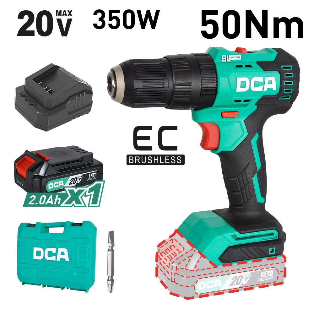 TALADRO PERCUTOR 20V BRUSHLESS 13MM 50N.M (20+2) B:1X2.0AH MALETIN