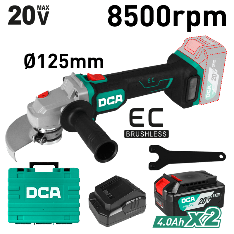 AMOLADORA 20V BRUSHLESS 125MM 5.0'' M14 8500/MIN 2X4.0AH MALETIN