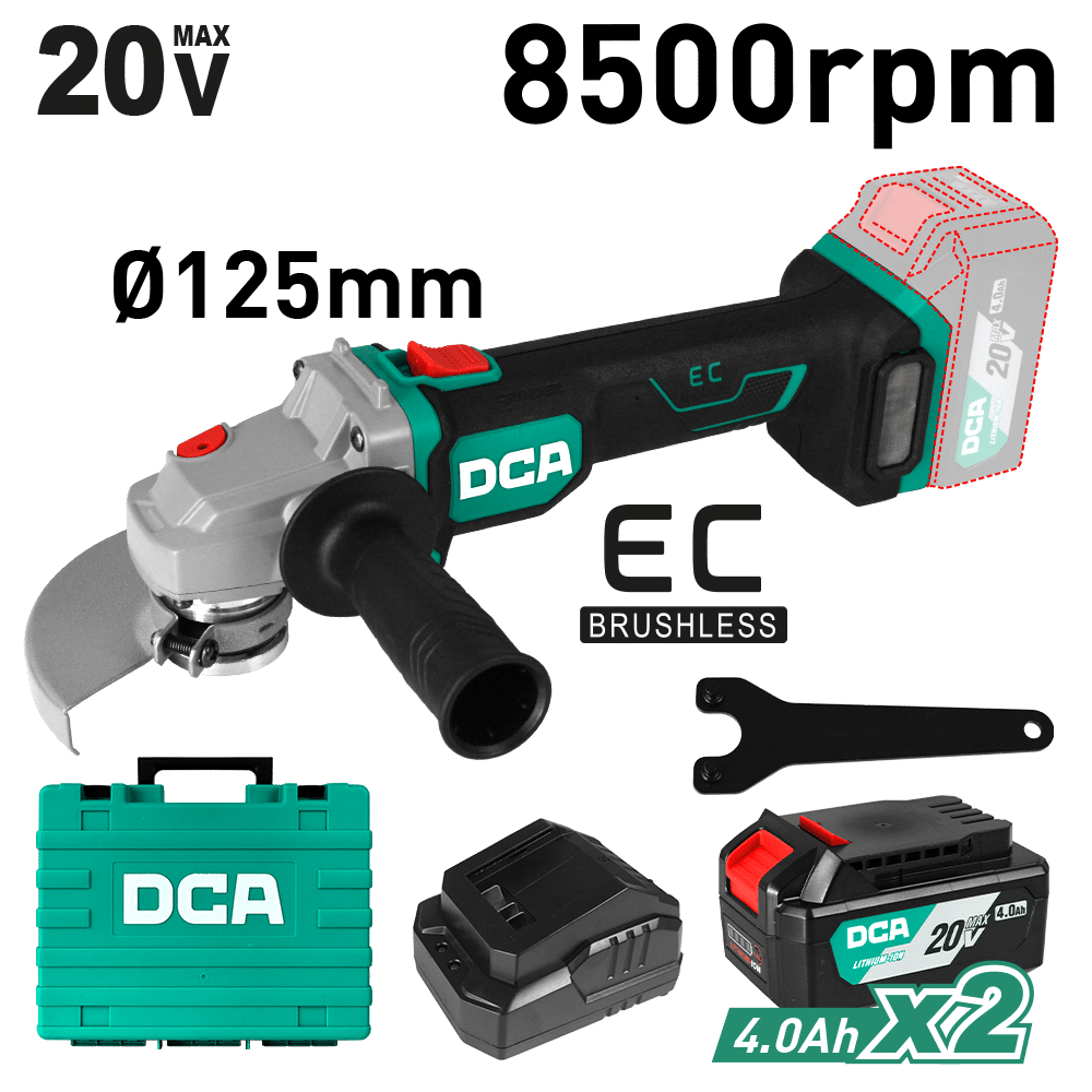 AMOLADORA 20V BRUSHLESS 125MM 5.0'' M14 8500/MIN 2X4.0AH MALETIN