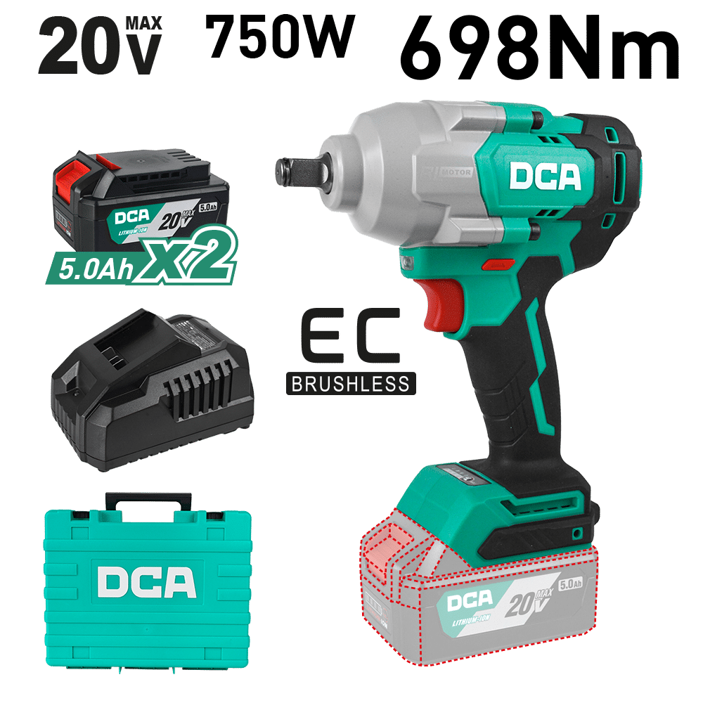 LLAVE DE IMPACTO 20V BRUSHLESS 1/2” 750W 698/910N.M M10-M24 2X5.0AH