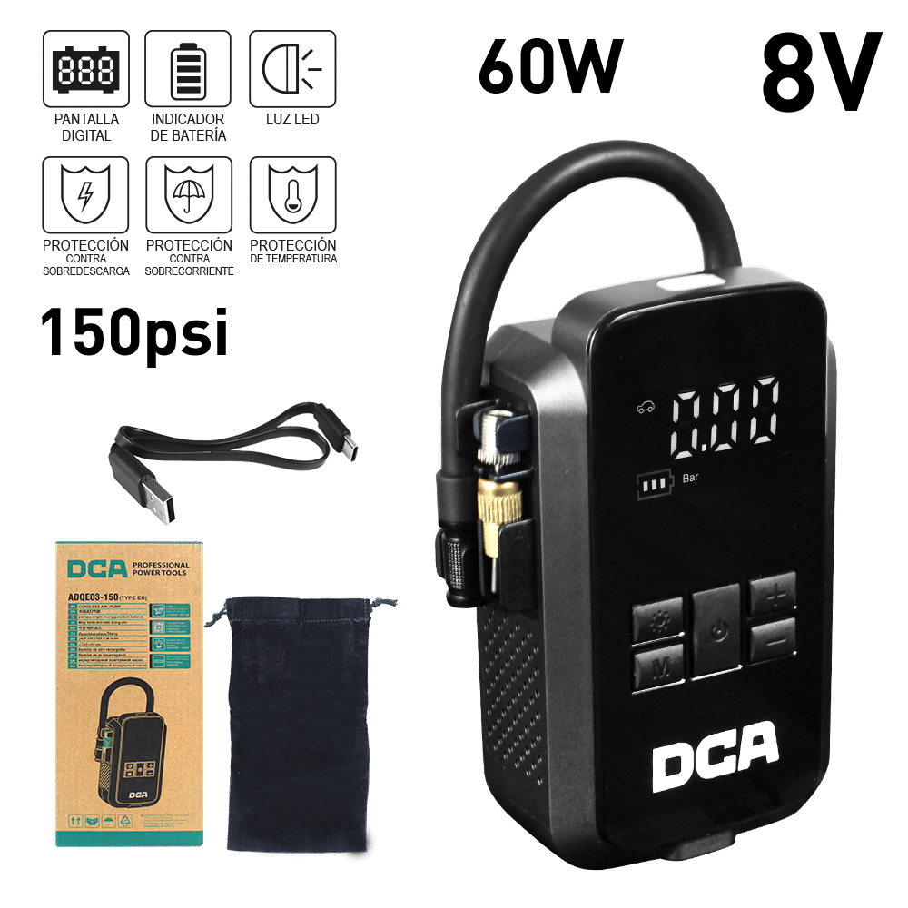 MINI COMPRESORA DIGITAL 150PSI 8V 2.0AH 60W 150PSI