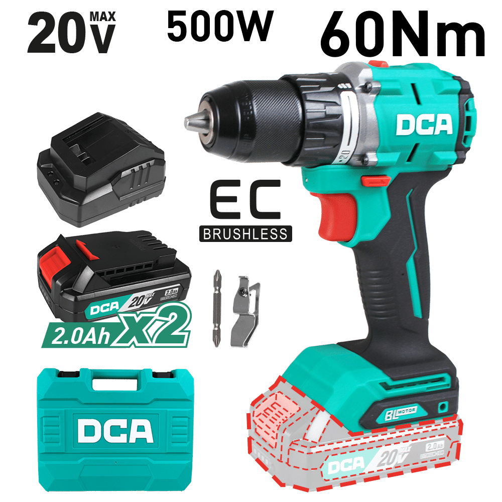 TALADRO PERCUTOR COMP. 20V BRUSHLESS 13MM 60N.M (20+2) B:2X2.0AH MALETIN
