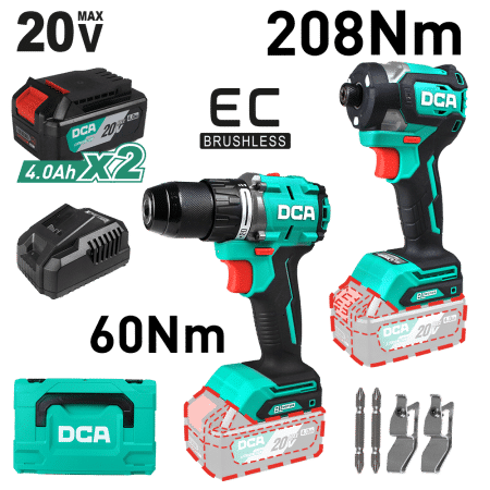 COMBO TALADRO PERCUTOR + DESTORNILLADOR IMPACTO 20V BRUSHLESS 2X4.0AH