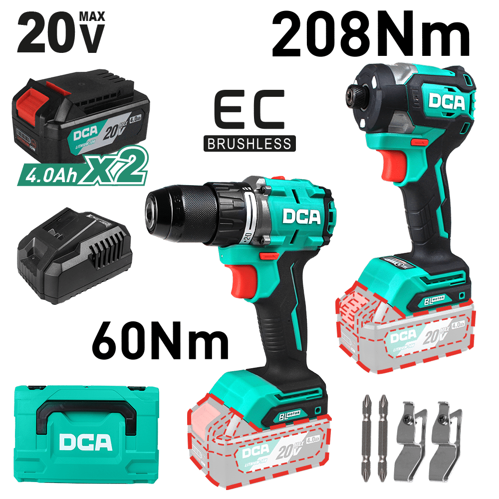COMBO TALADRO PERCUTOR + DESTORNILLADOR IMPACTO 20V BRUSHLESS 2X4.0AH