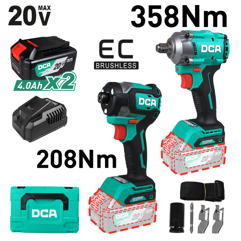 COMBO LLAVE + DESTORNILLADOR DE IMPACTO 20V BRUSHLESS 2X4.0AH
