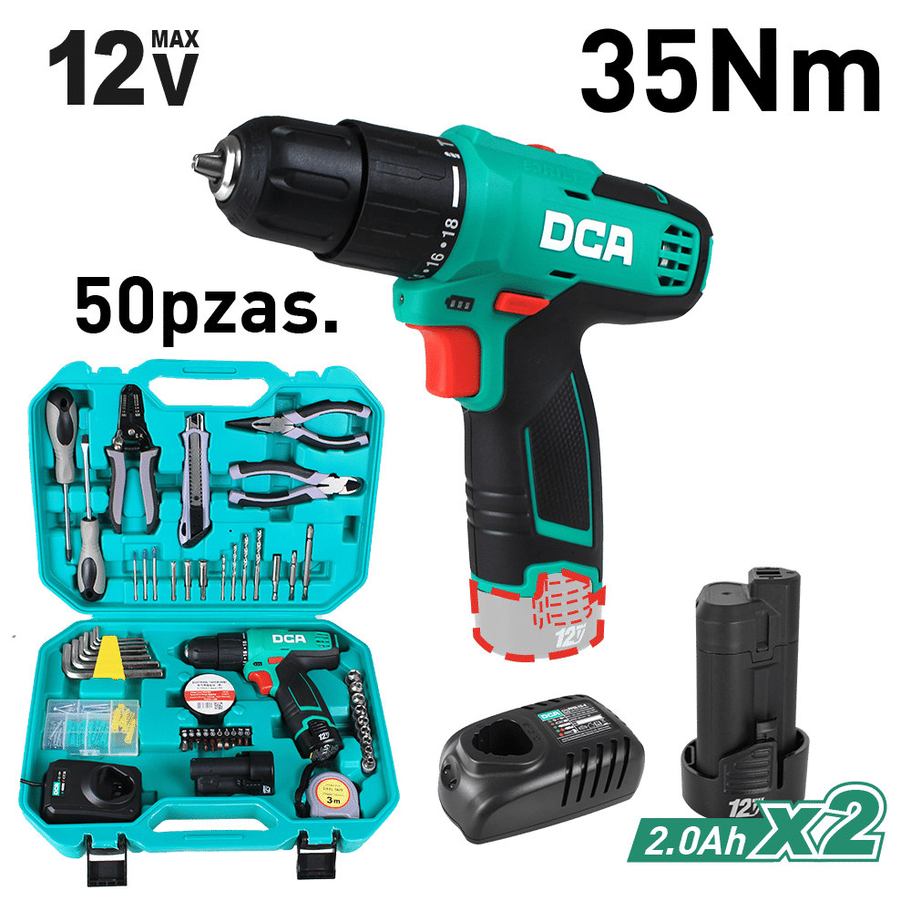 SET TALADRO PERCUTOR 12V 35NM 2.0AH + ACC 50PCS