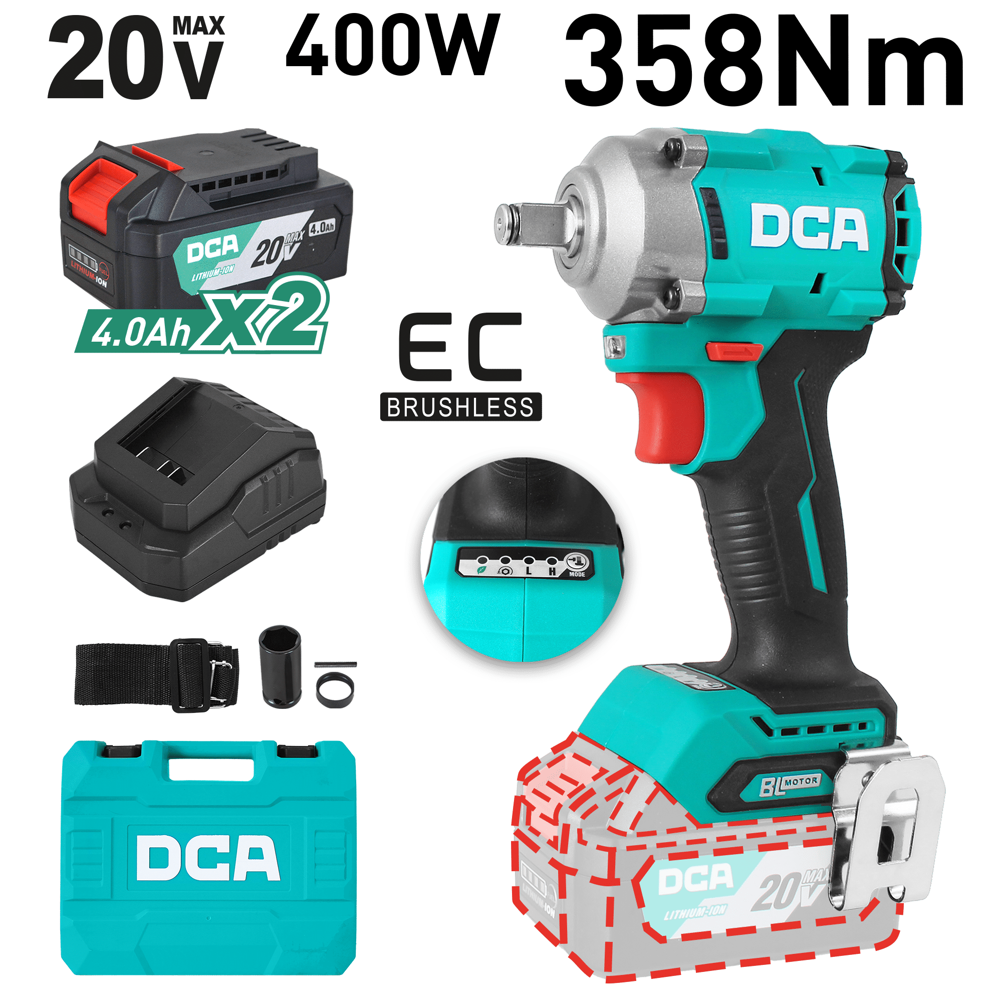 LLAVE DE IMPACTO 20V BRUSHLESS 1/2'' 358NM 2X4.0AH MALETIN