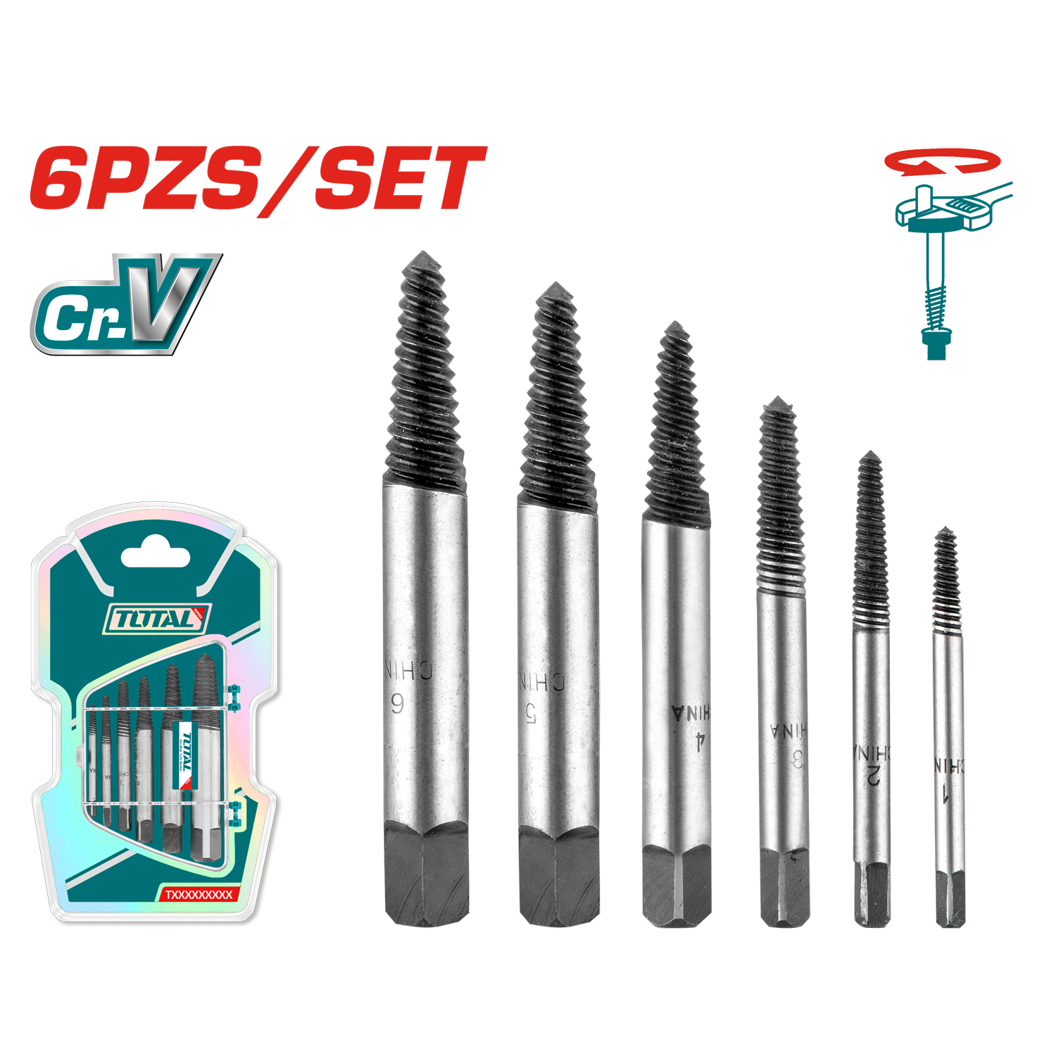 SET EXTRACTOR DE TORNILLO 6PCS CR-V DUREZA 48-52HRC 1-6 +ESTUCHE INDUSTRIAL