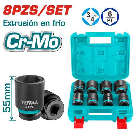 SET DADOS IMPACTO CORTO 3/4 PULG 8PCS 26-38MM CR-MO MALETIN INDUSTRIAL
