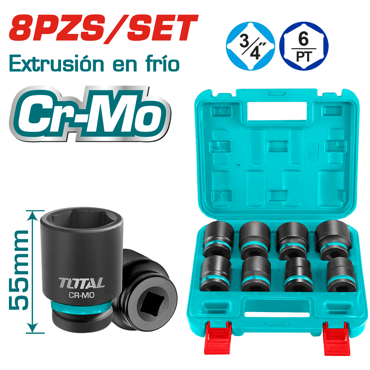 SET DADOS IMPACTO CORTO 3/4 PULG 8PCS 26-38MM CR-MO MALETIN INDUSTRIAL