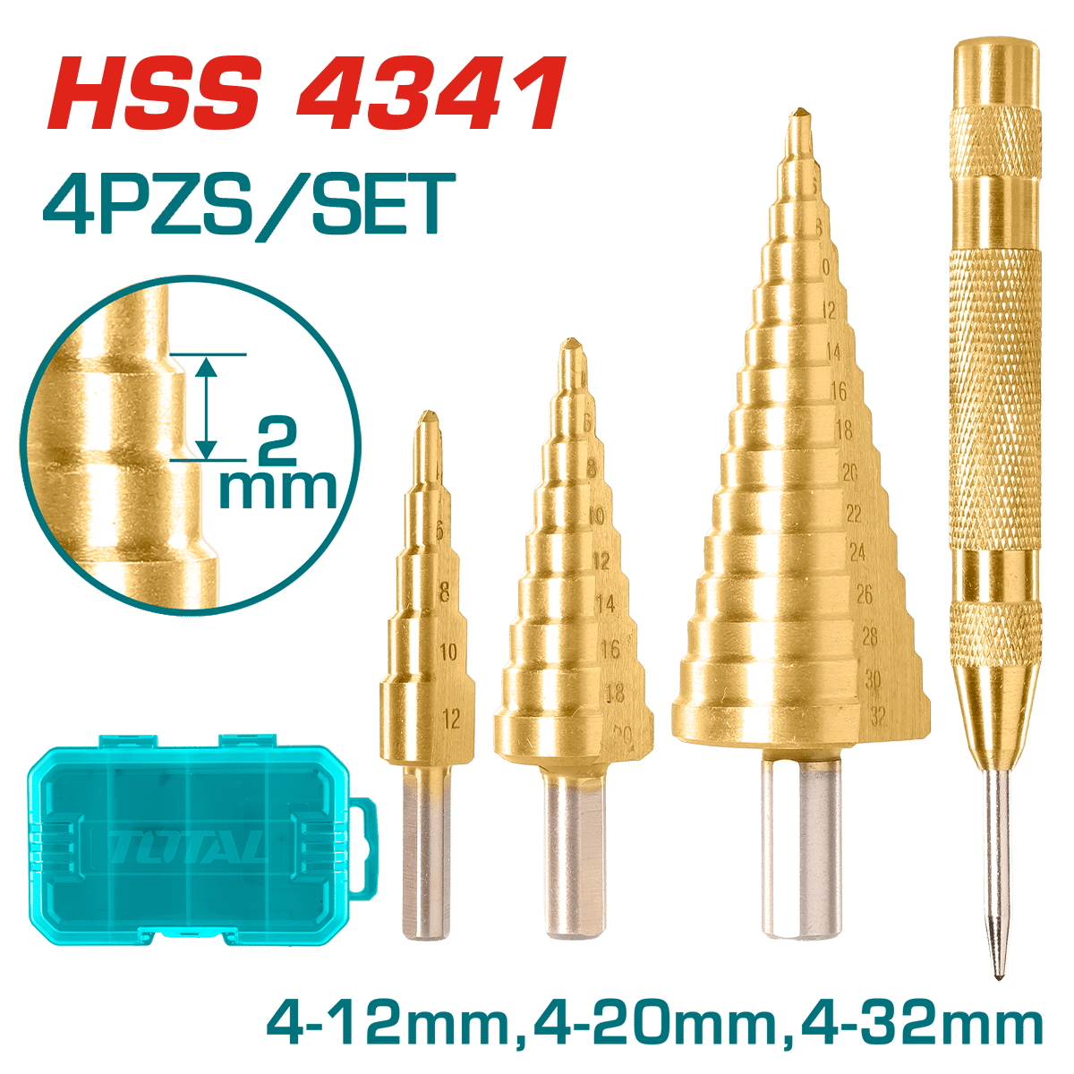 SET BROCAS ESCALONADAS 4PZS 1/4'' HEX HSS 4341 4-12/4-20/4-32MM + MARCADOR METAL INDUSTRIAL