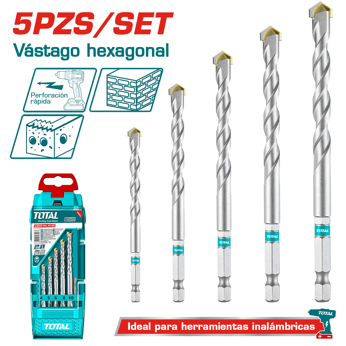 SET DE BROCAS ALBAÑILERIA 5PCS 4-10MM ESTUCHE HEX