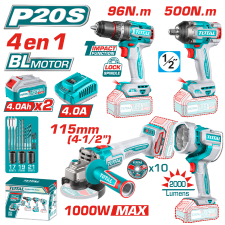 COMBO 4 EN 1. TALADRO 96NM + LLAVE 500NM + AMOLADORA + LINTERNA + 2X4.0AH IND