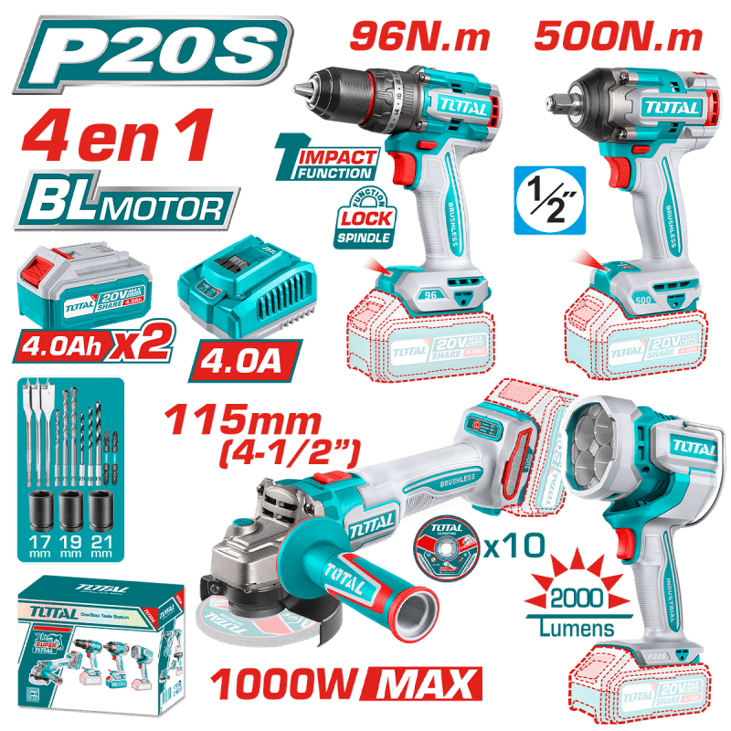 COMBO 4 EN 1. TALADRO 96NM + LLAVE 500NM + AMOLADORA + LINTERNA + 2X4.0AH IND