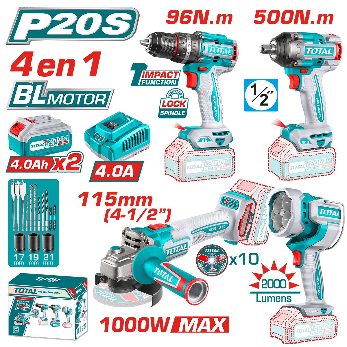 COMBO 4 EN 1. TALADRO 96NM + LLAVE 500NM + AMOLADORA + LINTERNA + 2X4.0AH IND
