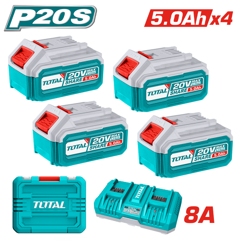 SET DE BATERIAS LI-ION 20V 5.0AH 4PCS + CARGADOR 8A DUAL INDUSTRIAL