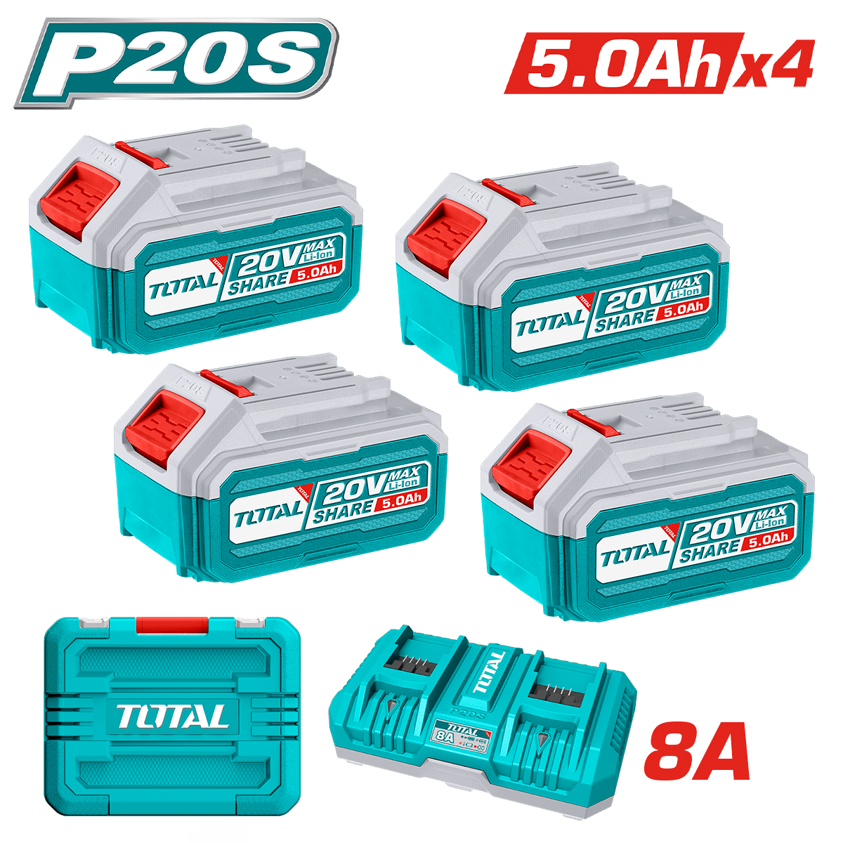 SET DE BATERIAS LI-ION 20V 5.0AH 4PCS + CARGADOR 8A DUAL INDUSTRIAL
