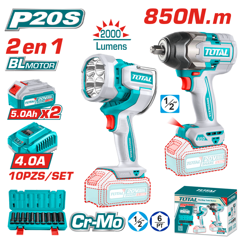 COMBO LLAVE IMPACTO 850N.M + LINTERNA 20V +ACC 2X5.0AH INDUSTRIAL
