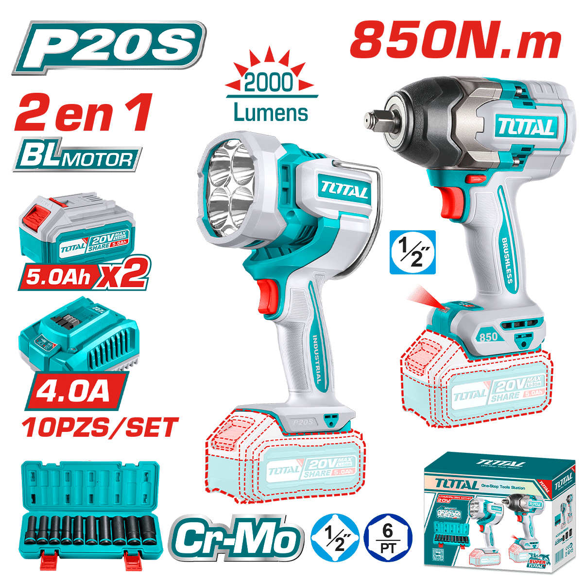 COMBO LLAVE IMPACTO 850N.M + LINTERNA 20V +ACC 2X5.0AH INDUSTRIAL