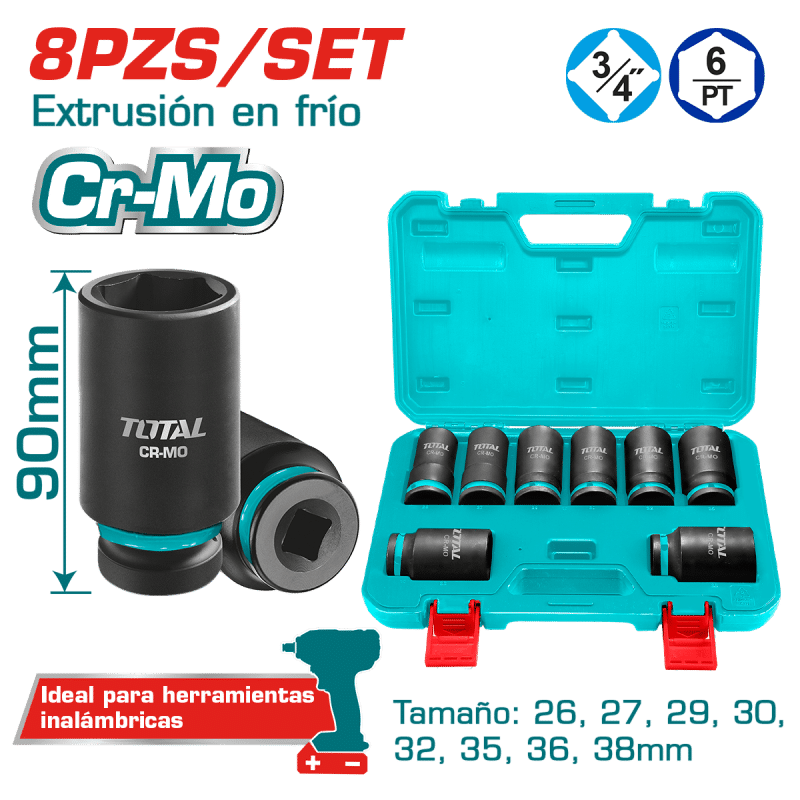 SET DADOS IMPACTO LARGO 3/4 PULG 8PCS 26-38MM CR-MO MALETIN INDUSTRIAL