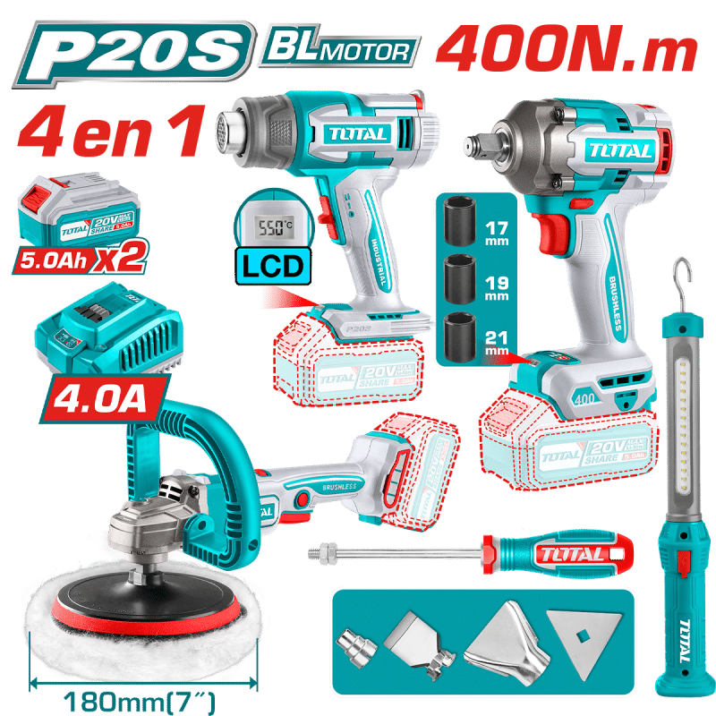 COMBO LLAVE IMPACTO + PISTOLA DE CALOR + PULIDORA 20V + LINTERNA +ACC 2X5.0AH MALETIN INDUSTRIAL